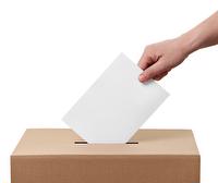 Hand placing paper in ballot box.