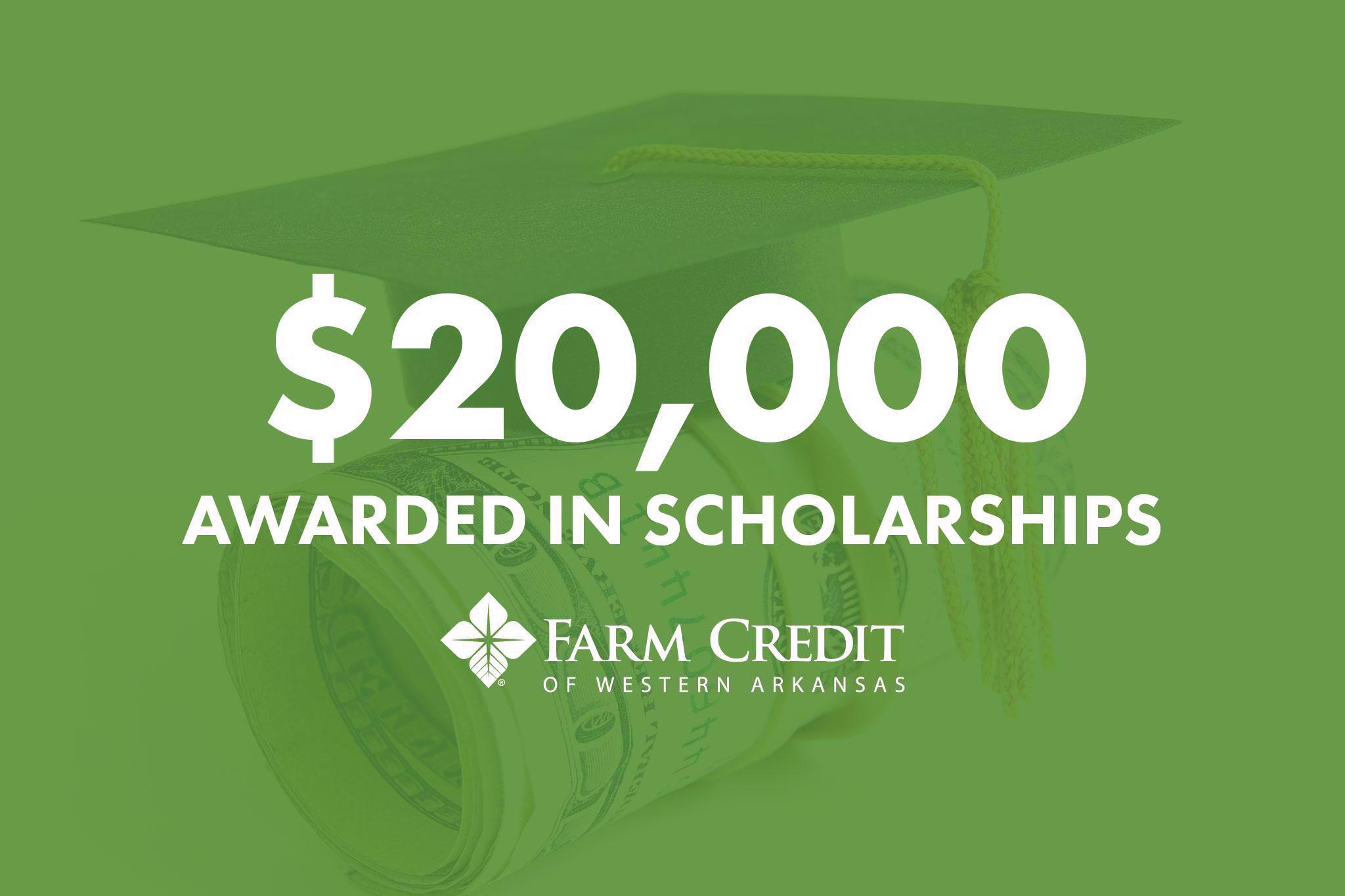 Text reads "$20,000 awarded in scholarships" with Farm Credit logo at bottom