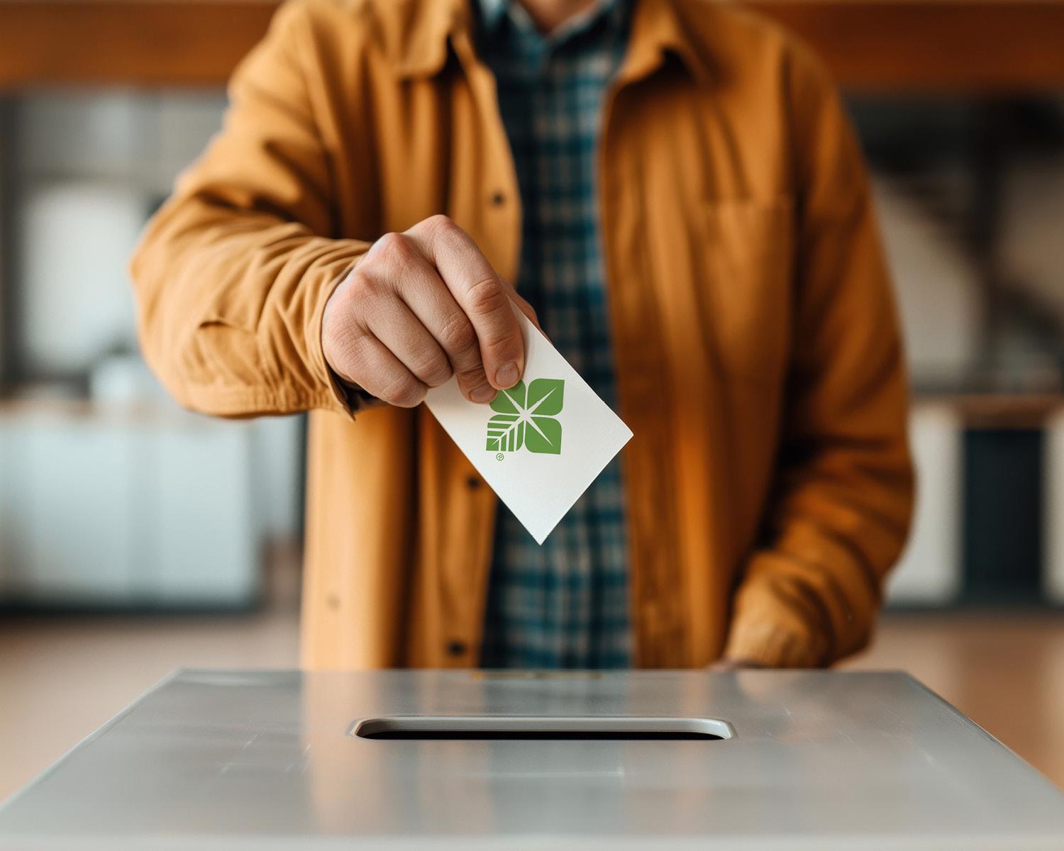 Person casting ballot in election with Farm Credit Biostar on ballot slip